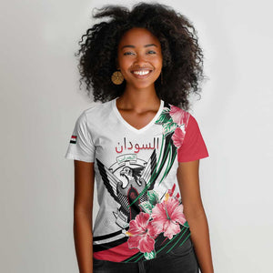 Personalized Sudan Women V-Neck T-Shirt Sudanese Secretary Bird With Hibiscus - African Pride