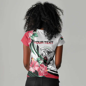 Personalized Sudan Women V-Neck T-Shirt Sudanese Secretary Bird With Hibiscus - African Pride