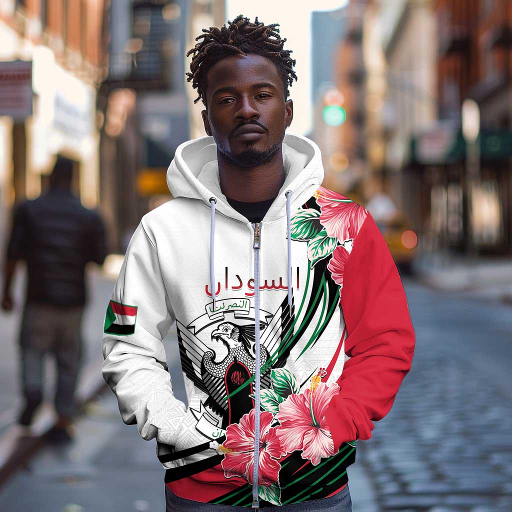 Personalized Sudan Zip Hoodie Sudanese Secretary Bird With Hibiscus - African Pride