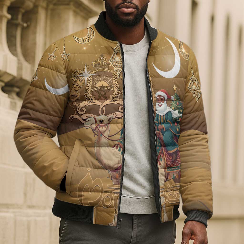 Morocco Christmas in Sahara Bomber Puffer Jacket Black Santa Riding Camel