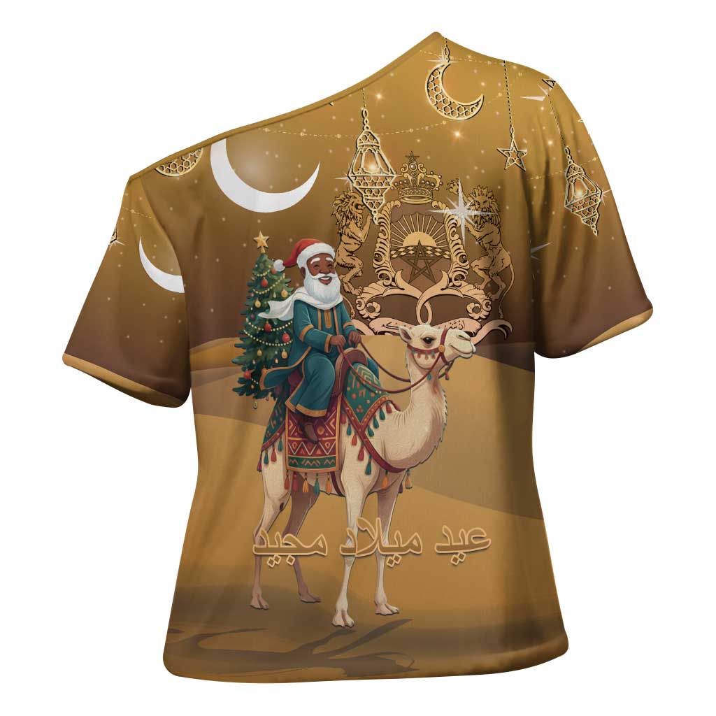 Morocco Christmas in Sahara Cross Shoulder Shirt Black Santa Riding Camel