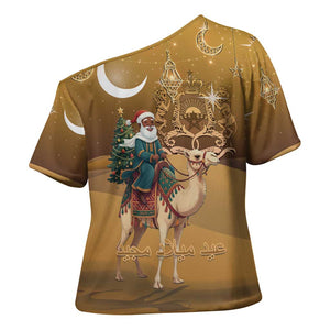 Morocco Christmas in Sahara Cross Shoulder Shirt Black Santa Riding Camel
