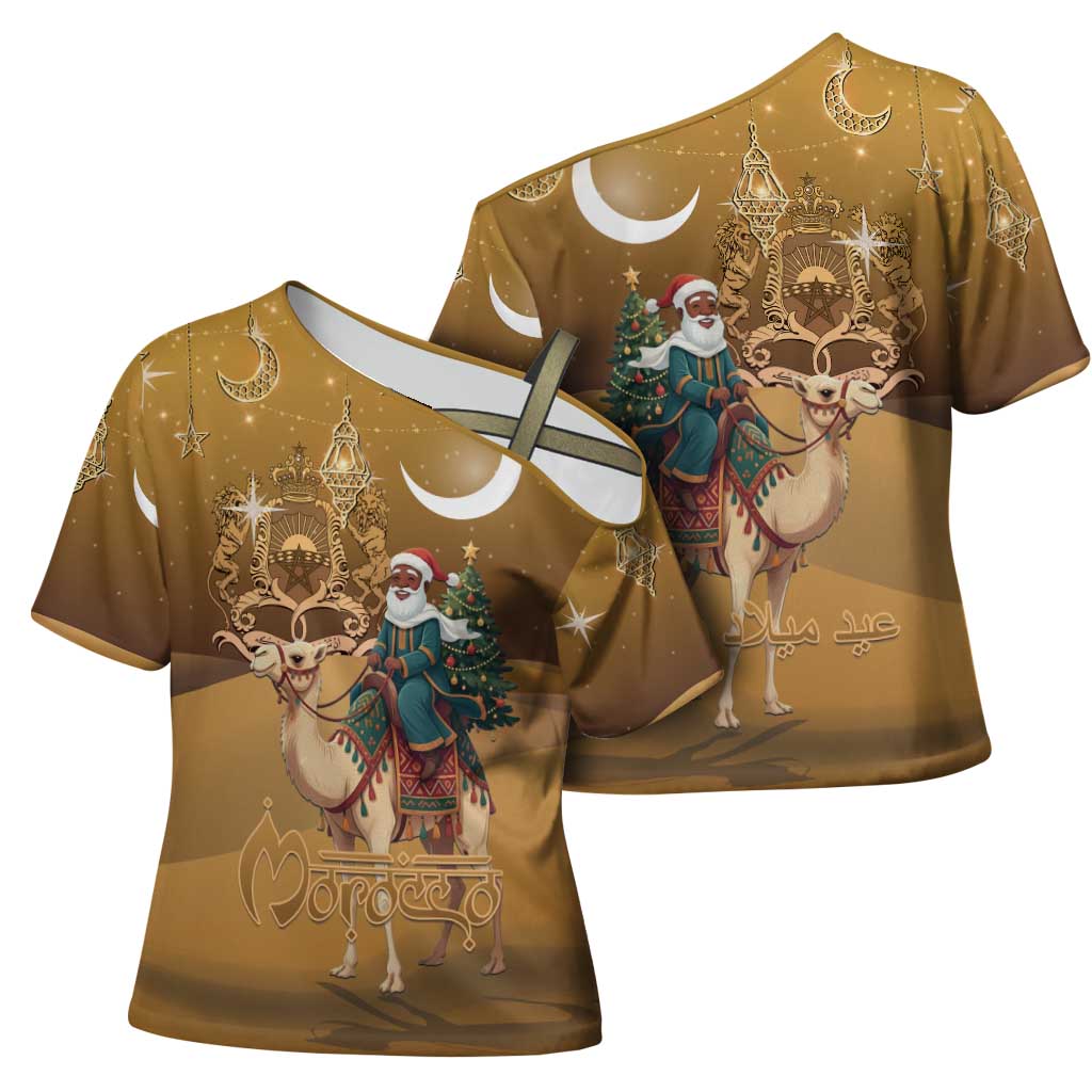 Morocco Christmas in Sahara Cross Shoulder Shirt Black Santa Riding Camel