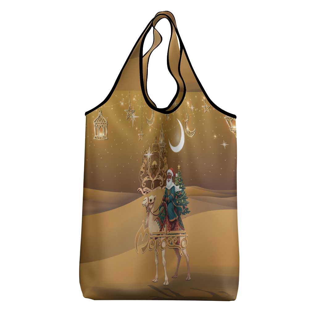 Afro Christmas in Sahara Morocco Grocery Bag Black Santa Riding Camel - African Pride