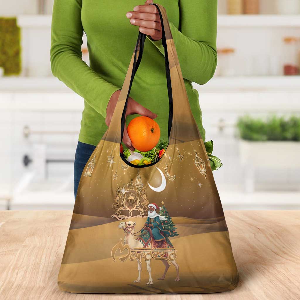 Afro Christmas in Sahara Morocco Grocery Bag Black Santa Riding Camel - African Pride