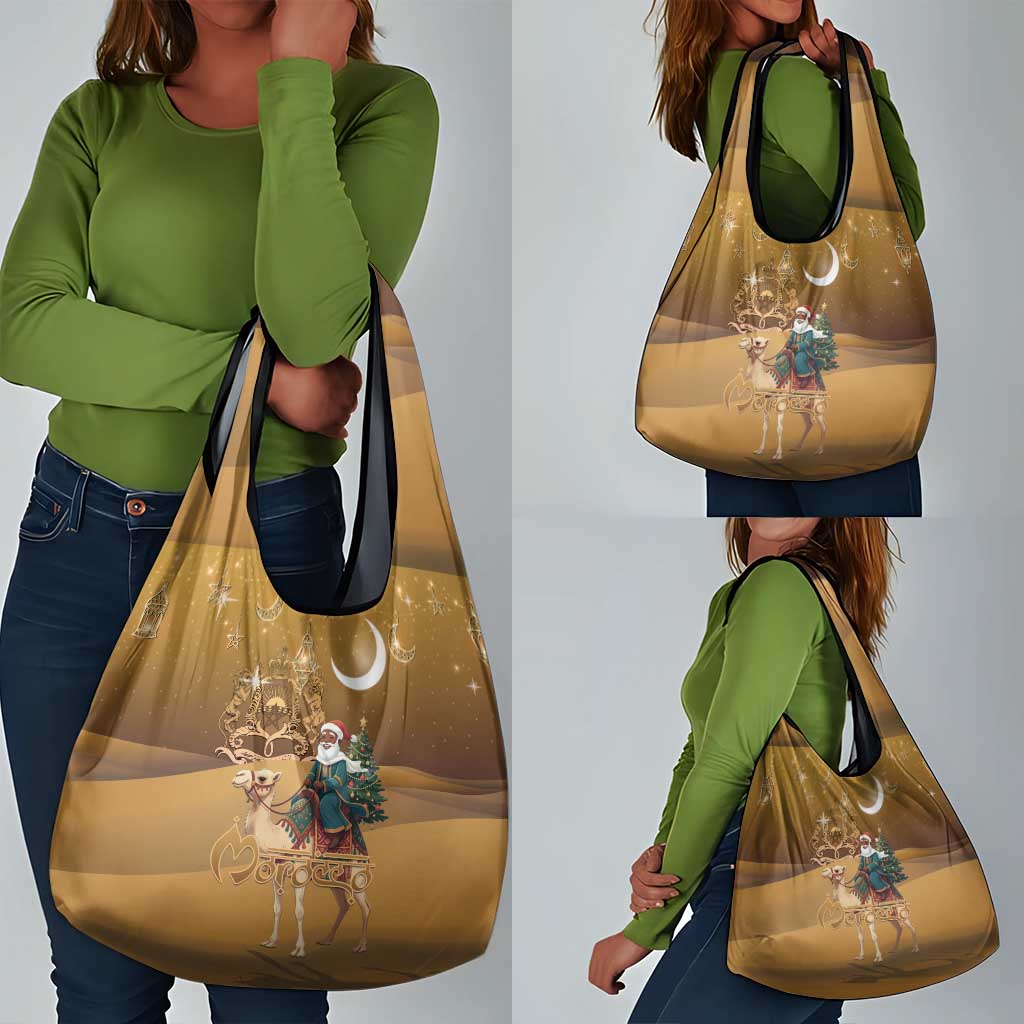 Afro Christmas in Sahara Morocco Grocery Bag Black Santa Riding Camel - African Pride