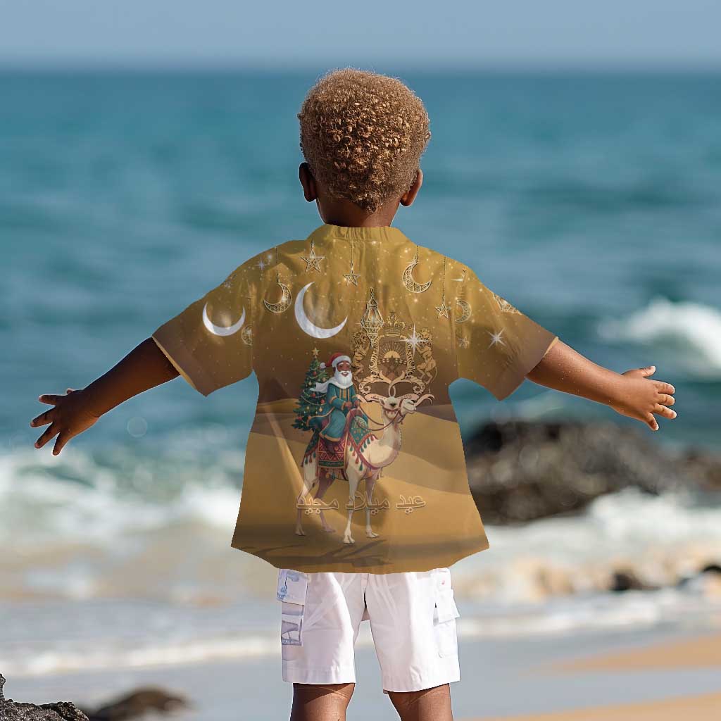 Afro Christmas in Sahara Morocco Kid Hawaiian Shirt Black Santa Riding Camel - African Pride