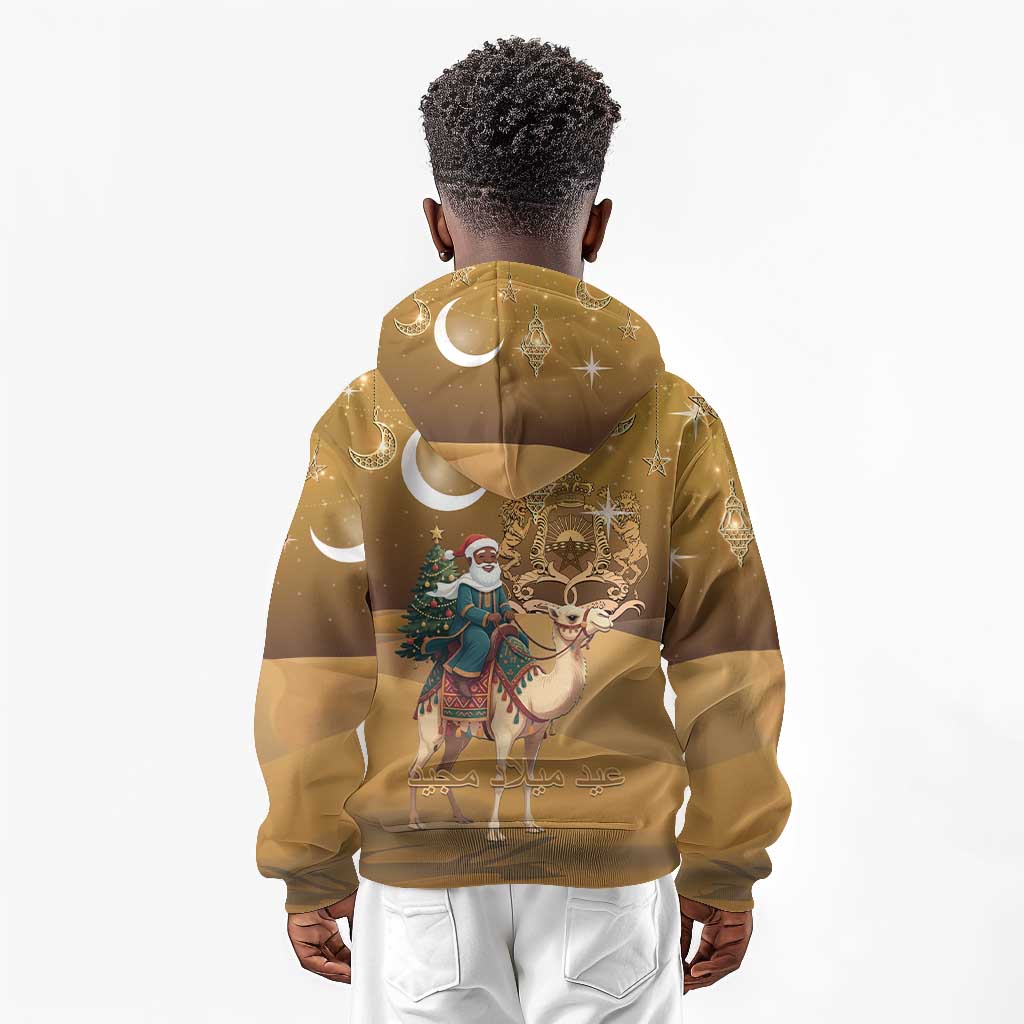 Afro Christmas in Sahara Morocco Kid Hoodie Black Santa Riding Camel - African Pride