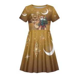 Afro Christmas in Sahara Morocco Kid Short Sleeve Dress Black Santa Riding Camel - African Pride
