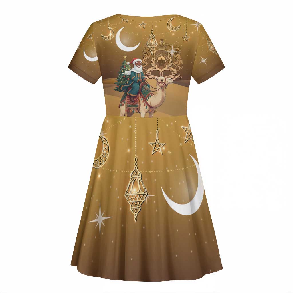 Afro Christmas in Sahara Morocco Kid Short Sleeve Dress Black Santa Riding Camel - African Pride