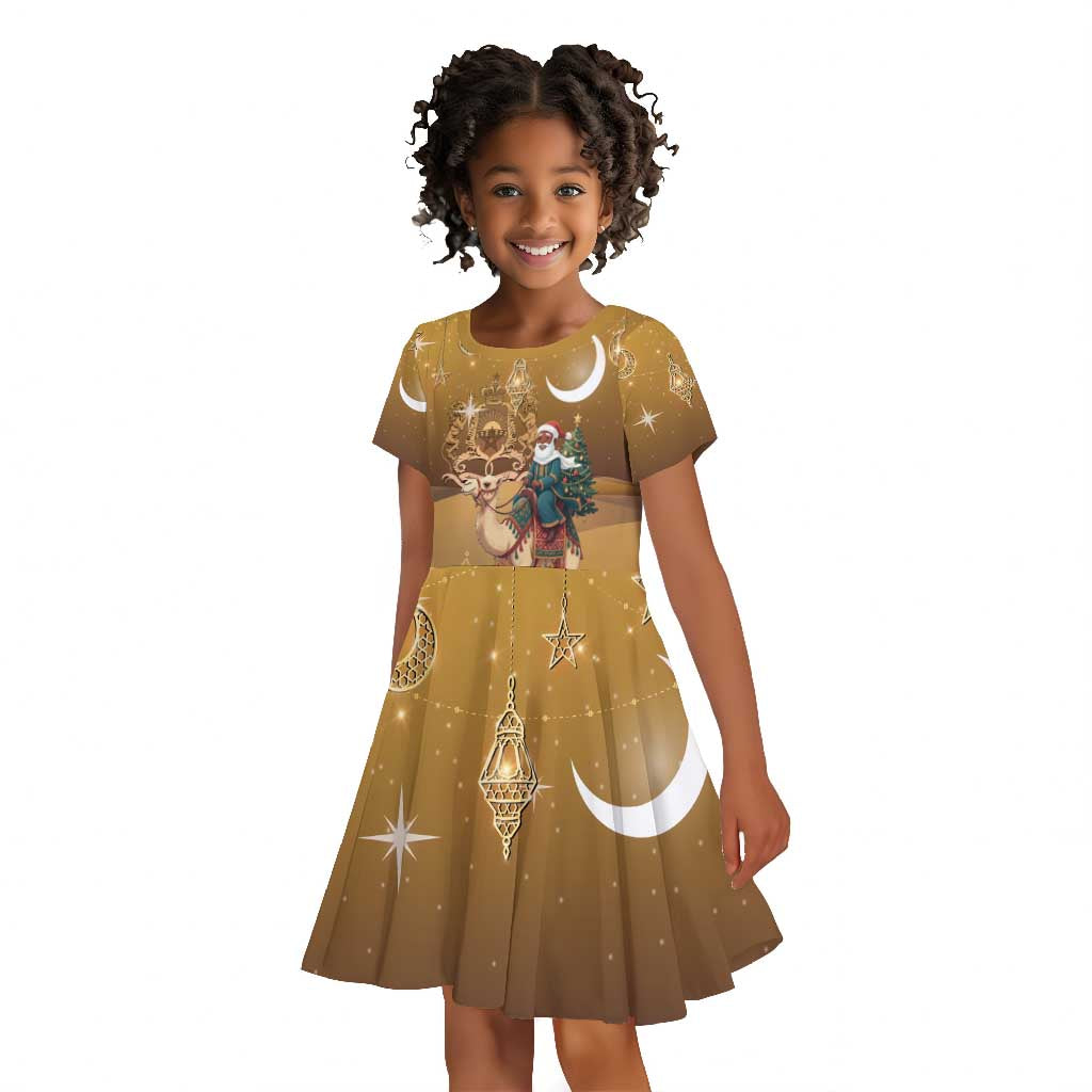 Afro Christmas in Sahara Morocco Kid Short Sleeve Dress Black Santa Riding Camel - African Pride