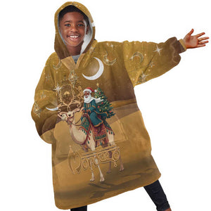 Afro Christmas in Sahara Morocco Kid Wearable Blanket Hoodie Black Santa Riding Camel - African Pride
