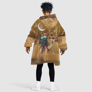 Afro Christmas in Sahara Morocco Kid Wearable Blanket Hoodie Black Santa Riding Camel - African Pride