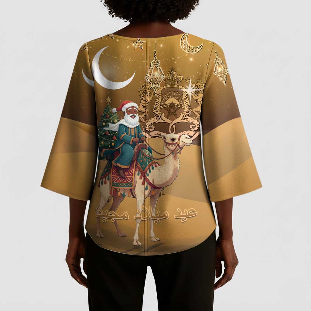 Morocco Christmas in Sahara Kimono Sleeve Blouse Black Santa Riding Camel