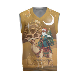 Afro Christmas in Sahara Morocco Christmas Knitted V-Neck Vest Black Santa Riding Camel - African Pride