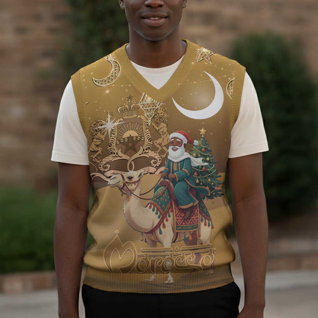 Afro Christmas in Sahara Morocco Christmas Knitted V-Neck Vest Black Santa Riding Camel - African Pride