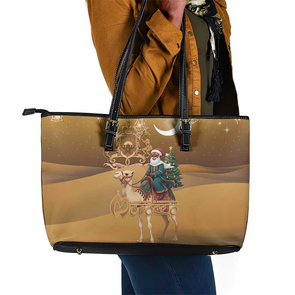 Afro Christmas in Sahara Morocco Leather Tote Bag Black Santa Riding Camel - African Pride