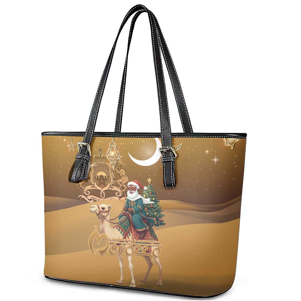 Afro Christmas in Sahara Morocco Leather Tote Bag Black Santa Riding Camel - African Pride