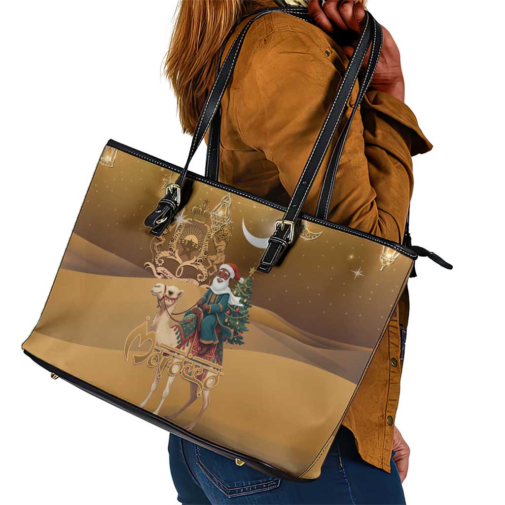 Afro Christmas in Sahara Morocco Leather Tote Bag Black Santa Riding Camel - African Pride