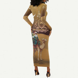 Afro Christmas in Sahara Morocco Long Sleeve Bodycon Dress Black Santa Riding Camel - African Pride