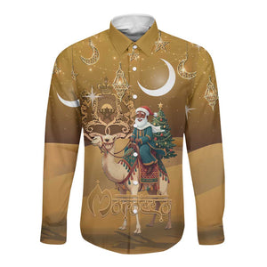 Afro Christmas in Sahara Morocco Long Sleeve Button Shirt Black Santa Riding Camel - African Pride