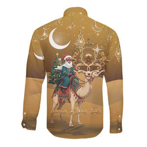 Afro Christmas in Sahara Morocco Long Sleeve Button Shirt Black Santa Riding Camel - African Pride