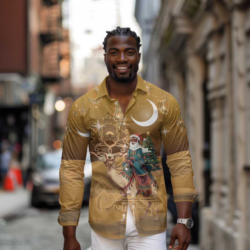 Afro Christmas in Sahara Morocco Long Sleeve Button Shirt Black Santa Riding Camel - African Pride