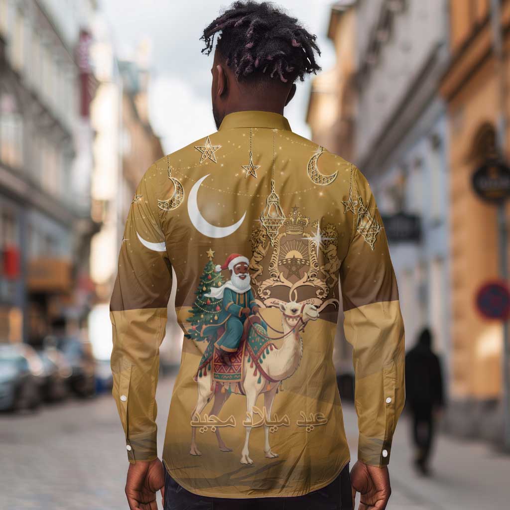 Afro Christmas in Sahara Morocco Long Sleeve Button Shirt Black Santa Riding Camel - African Pride
