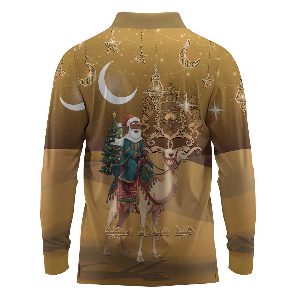 Afro Christmas in Sahara Morocco Long Sleeve Polo Shirt Black Santa Riding Camel - African Pride