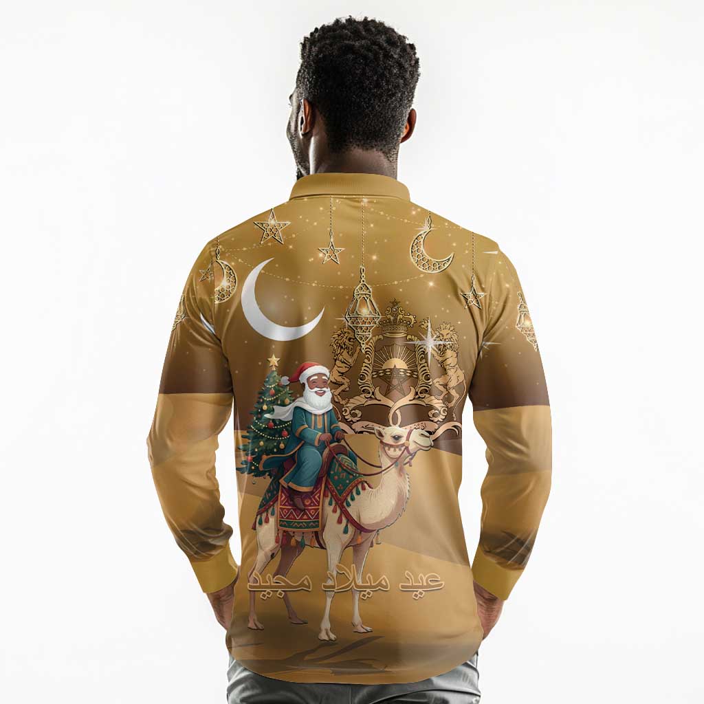 Afro Christmas in Sahara Morocco Long Sleeve Polo Shirt Black Santa Riding Camel - African Pride