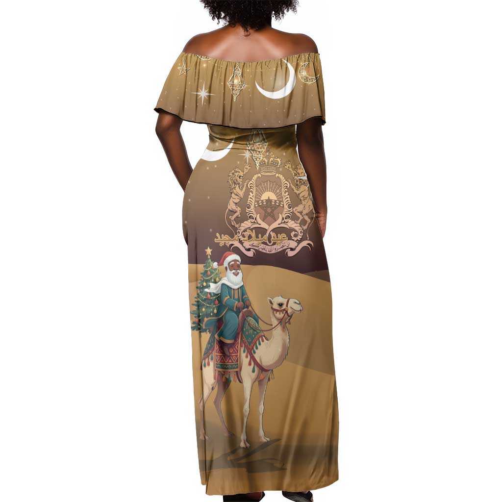 Afro Christmas in Sahara Morocco Off Shoulder Maxi Dress Black Santa Riding Camel - African Pride