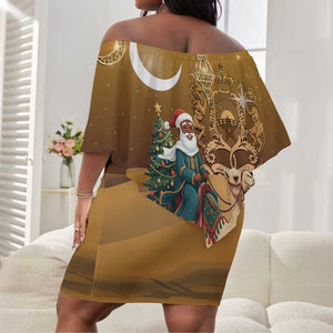 Afro Christmas in Sahara Morocco Off Shoulder Short Dress Black Santa Riding Camel - African Pride