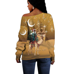 Afro Christmas in Sahara Morocco Off Shoulder Sweater Black Santa Riding Camel - African Pride