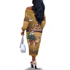 Afro Christmas in Sahara Morocco Off The Shoulder Long Sleeve Dress Black Santa Riding Camel - African Pride
