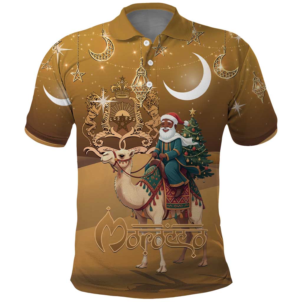 Afro Christmas in Sahara Morocco Polo Shirt Black Santa Riding Camel - African Pride
