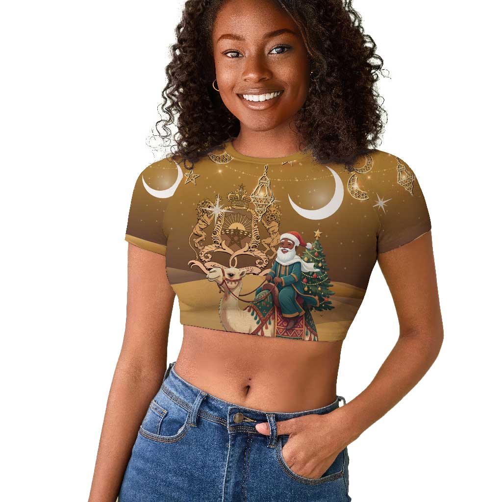 Afro Christmas in Sahara Morocco Raglan Cropped T shirt Black Santa Riding Camel - African Pride
