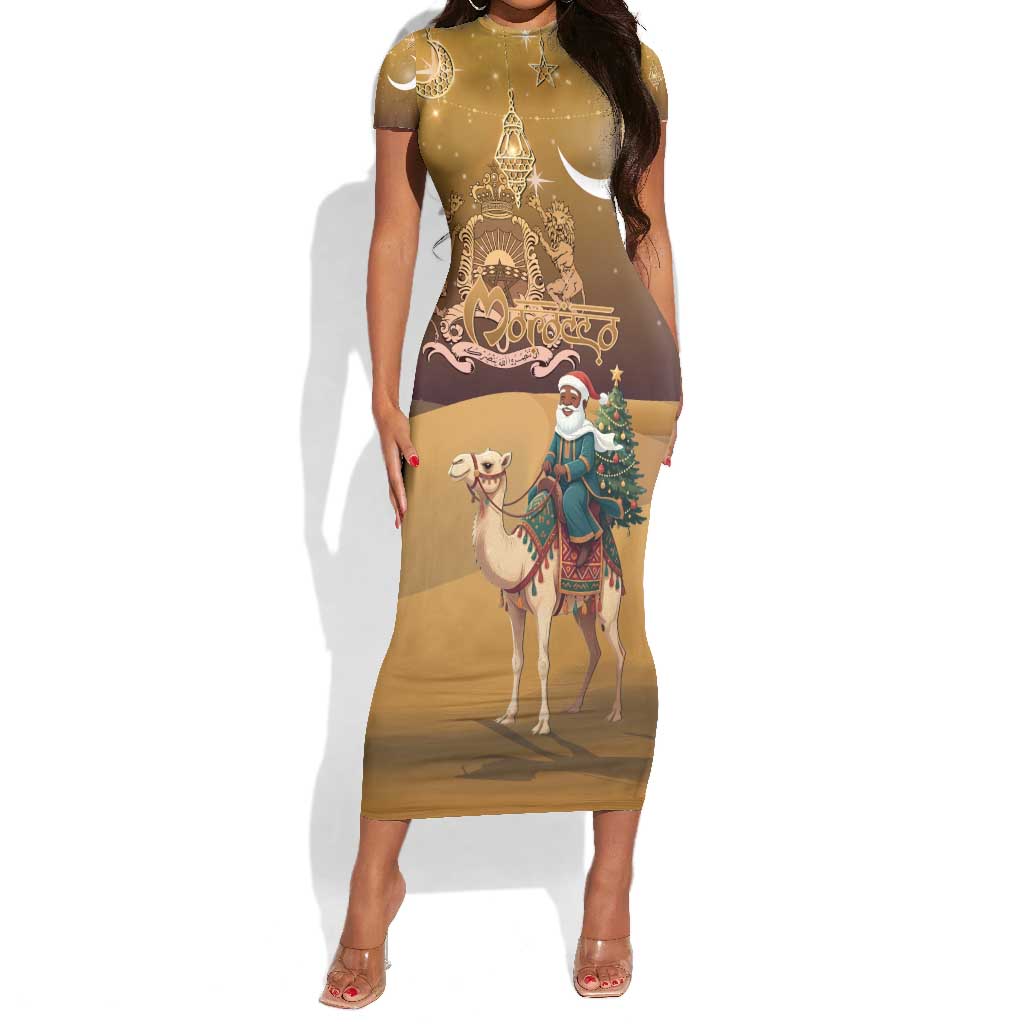 Afro Christmas in Sahara Morocco Short Sleeve Bodycon Dress Black Santa Riding Camel - African Pride