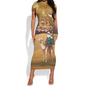 Afro Christmas in Sahara Morocco Short Sleeve Bodycon Dress Black Santa Riding Camel - African Pride