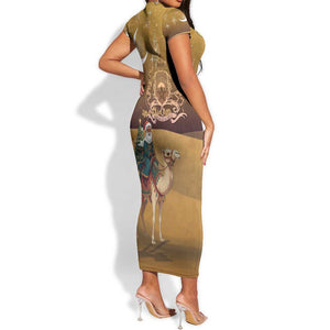Afro Christmas in Sahara Morocco Short Sleeve Bodycon Dress Black Santa Riding Camel - African Pride