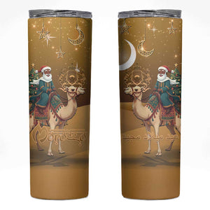 Afro Christmas in Sahara Morocco Skinny Tumbler Black Santa Riding Camel - African Pride