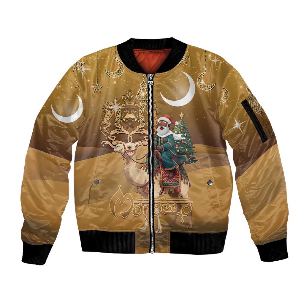 Afro Christmas in Sahara Morocco Sleeve Zip Bomber Jacket Black Santa Riding Camel - African Pride