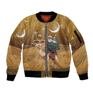 Afro Christmas in Sahara Morocco Sleeve Zip Bomber Jacket Black Santa Riding Camel - African Pride