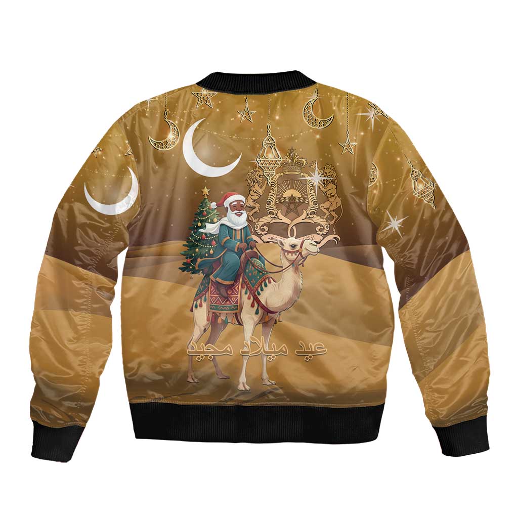 Afro Christmas in Sahara Morocco Sleeve Zip Bomber Jacket Black Santa Riding Camel - African Pride
