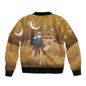 Afro Christmas in Sahara Morocco Sleeve Zip Bomber Jacket Black Santa Riding Camel - African Pride