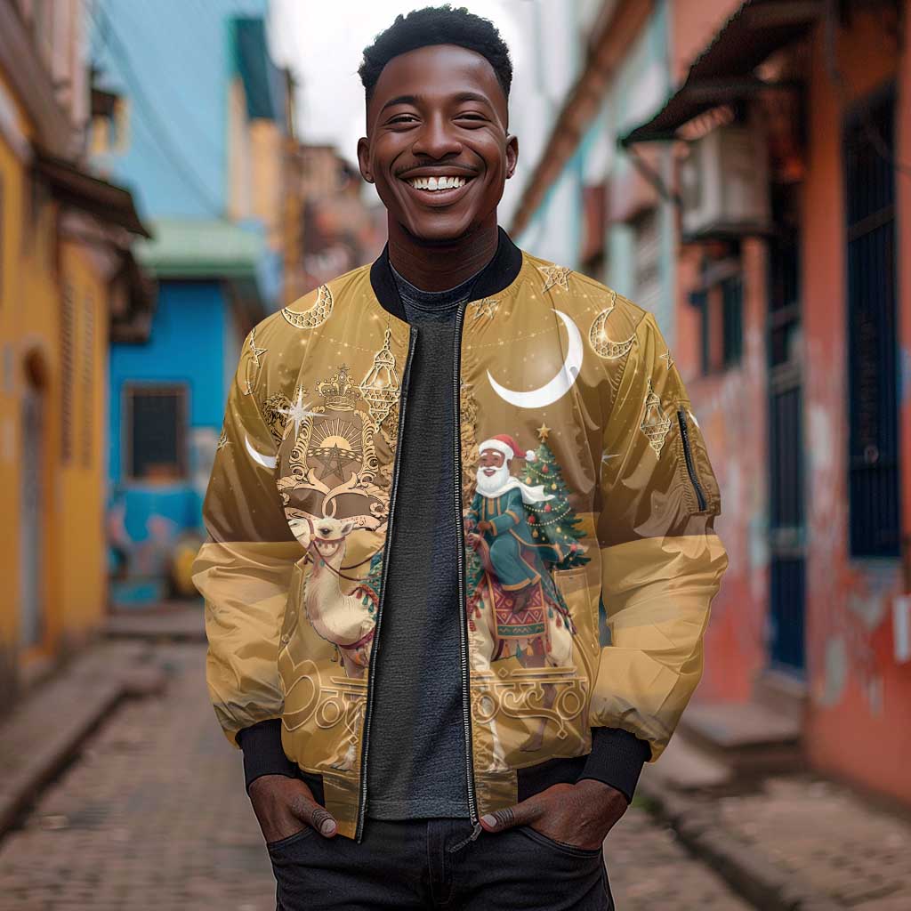 Afro Christmas in Sahara Morocco Sleeve Zip Bomber Jacket Black Santa Riding Camel - African Pride