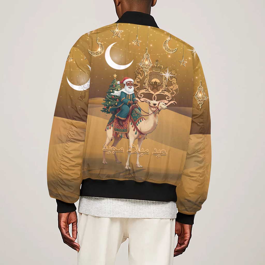 Afro Christmas in Sahara Morocco Sleeve Zip Bomber Jacket Black Santa Riding Camel - African Pride
