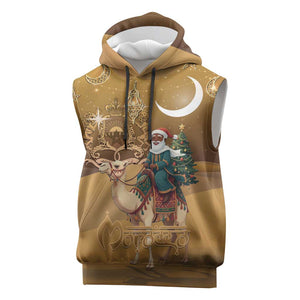 Afro Christmas in Sahara Morocco Sleeveless Hoodie Black Santa Riding Camel - African Pride