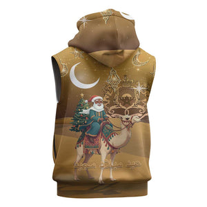 Afro Christmas in Sahara Morocco Sleeveless Hoodie Black Santa Riding Camel - African Pride