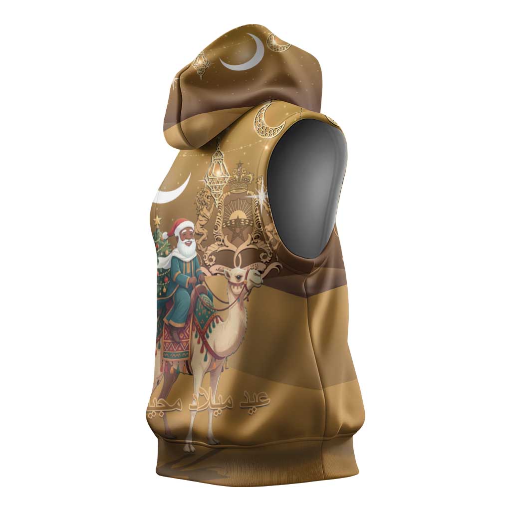 Afro Christmas in Sahara Morocco Sleeveless Hoodie Black Santa Riding Camel - African Pride