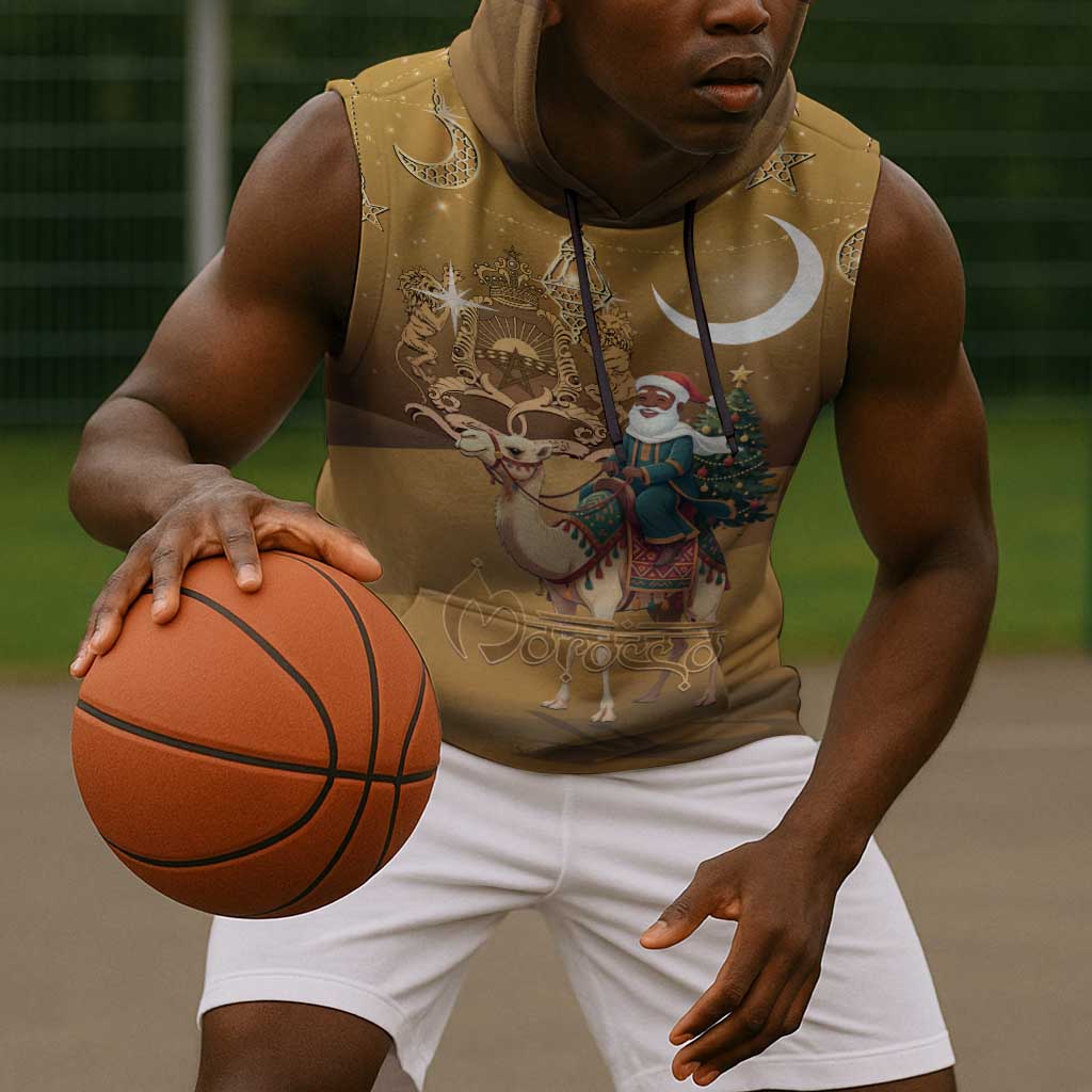 Afro Christmas in Sahara Morocco Sleeveless Hoodie Black Santa Riding Camel - African Pride